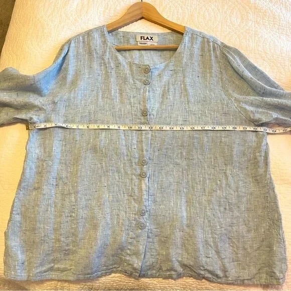FLAX Linen Medium Carolina Blue Shirt Long Sleeve Button Front Coastal Summer - Picture 5 of 8